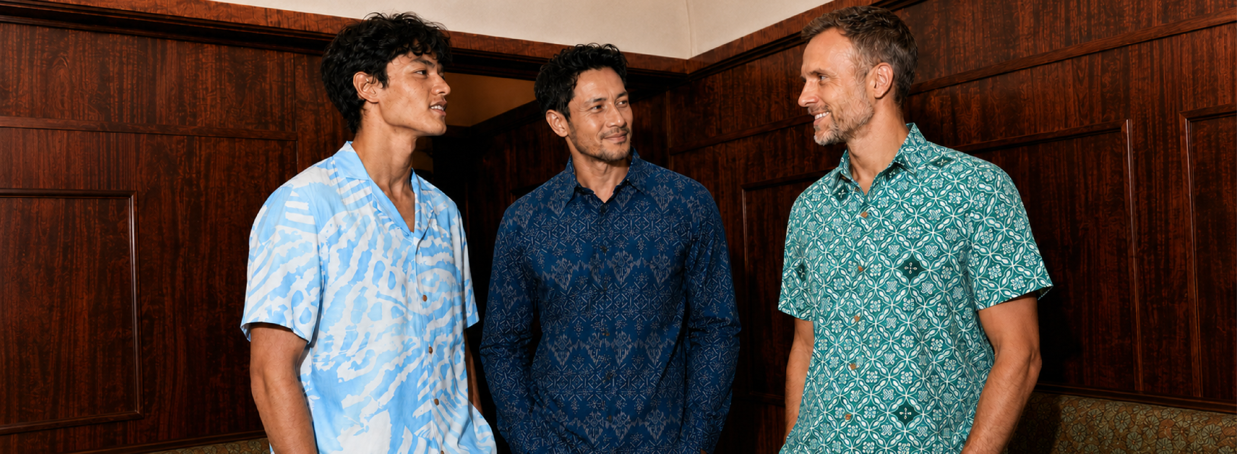 3 men wearing Malaysian batik shirts for formal or office