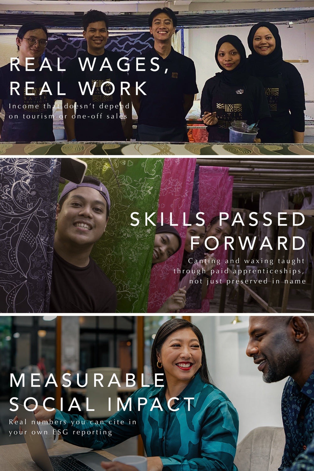 A three-panel promotional collage with people in real-world settings and overlaid text reading 'REAL WAGES, REAL WORK', 'SKILLS PASSED FORWARD', and 'MEASURABLE SOCIAL IMPACT'. The top panel shows several young men standing indoors; the middle panel shows a smiling man with a headband in front of patterned textiles; the bottom panel shows a woman and man seated indoors.