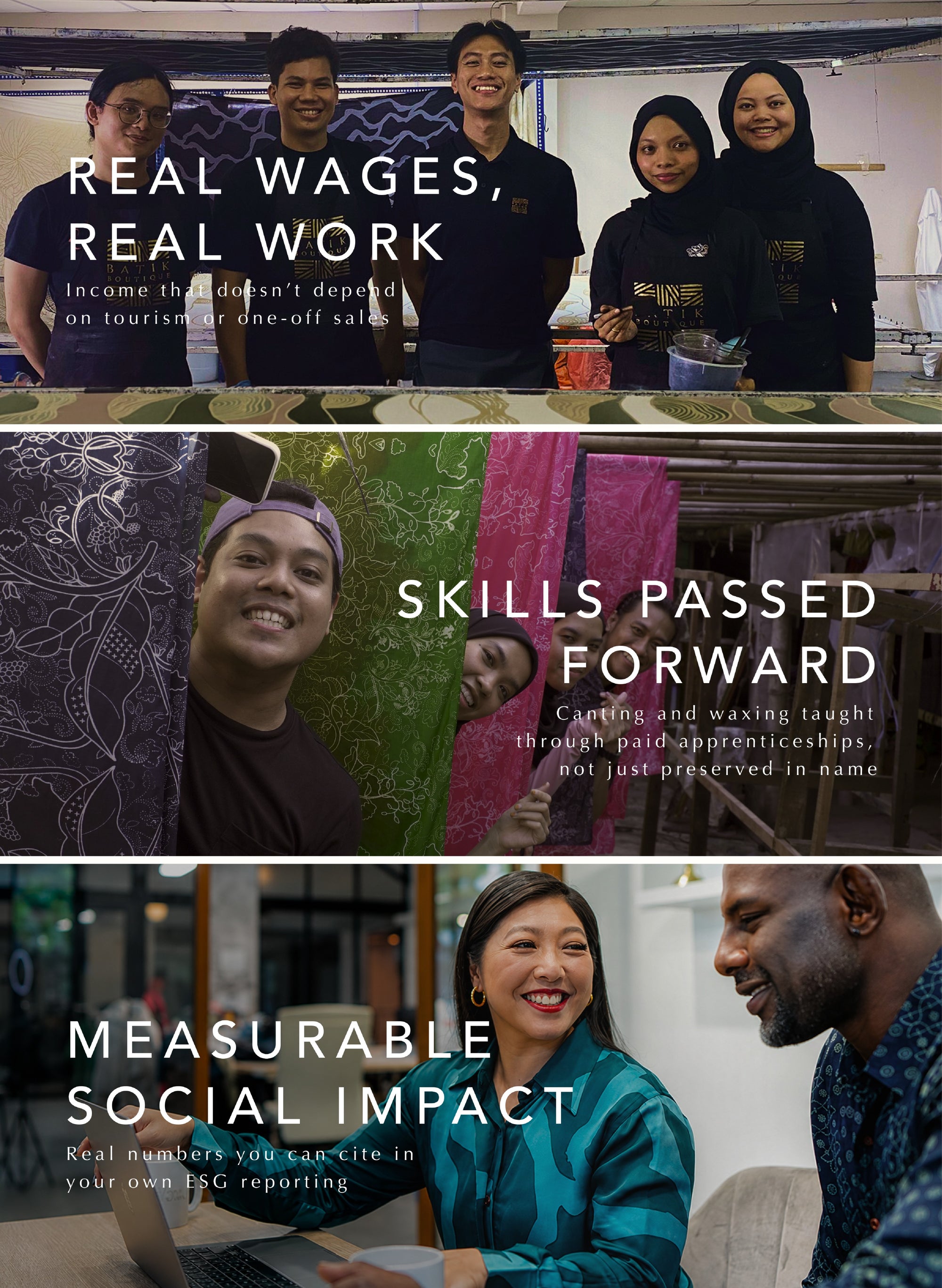 A three-panel promotional collage with people in caregiving and waxing settings and large text reading 'REAL WAGES, REAL WORK', 'SKILLS PASSED FORWARD', and 'MEASURABLE SOCIAL IMPACT'.
