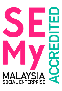 Logo with 'SE MY Accredited' text in pink and teal on a black background