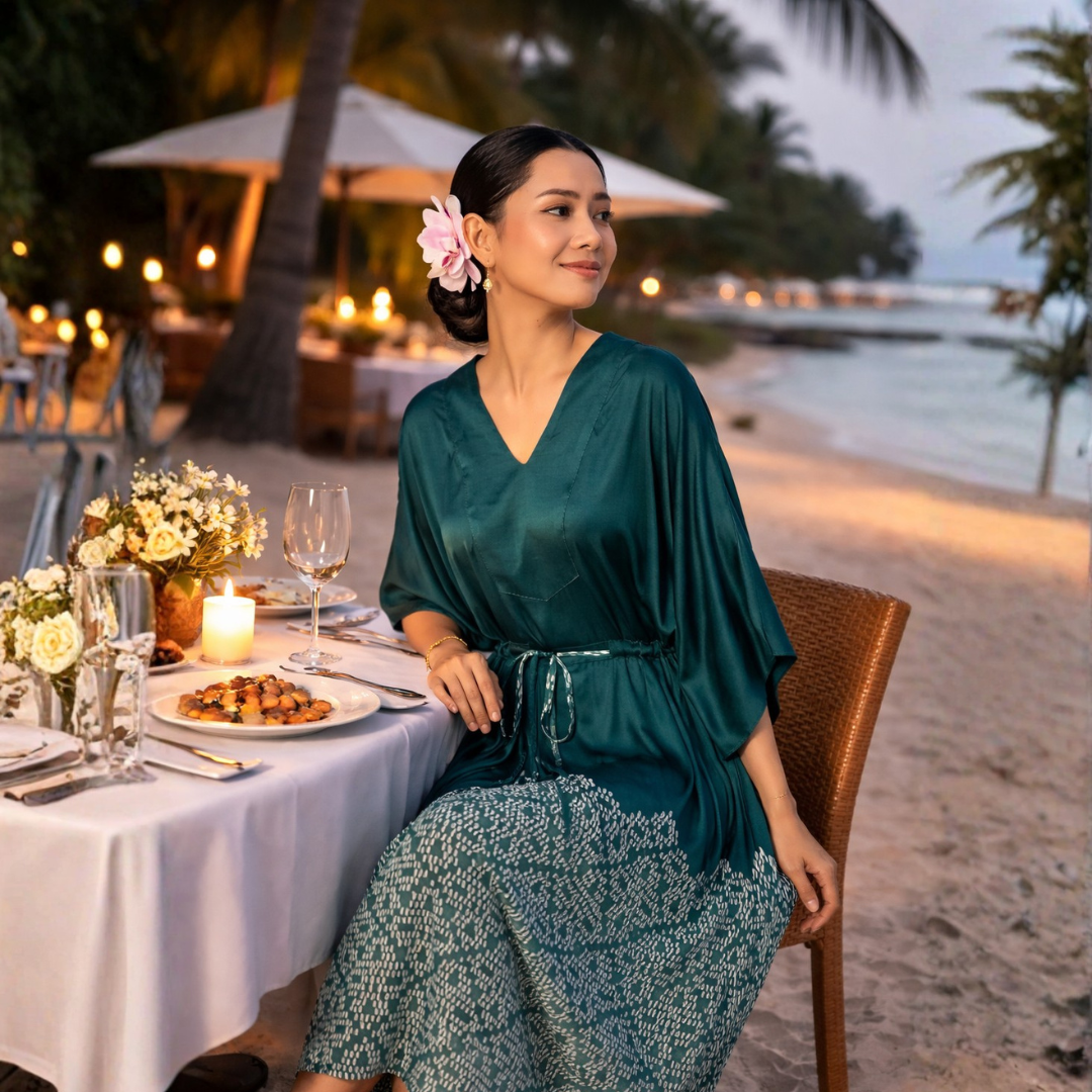 Woman in a green dress sitting at a beachside dinner table with palm trees and water in the background.