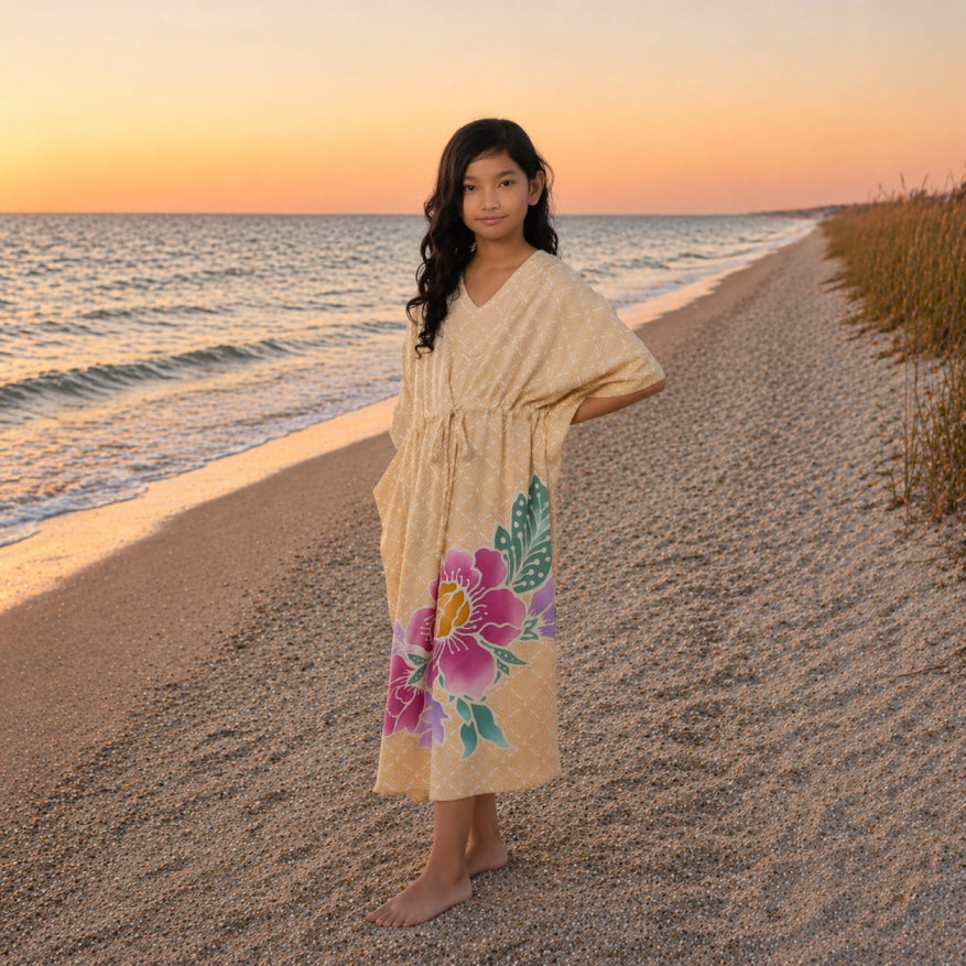 A young girl stands barefoot on a sandy beach at sunset wearing a light beige kaftan dress with a large pink and green floral print near the hem.
