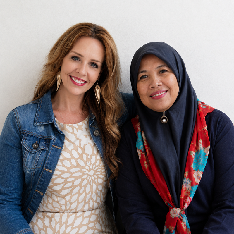Two women smiling and posing together against a plain light gray wall. The woman on the left wears a denim jacket over a beige patterned top, and the woman on the right wears a dark navy hijab with a red, teal, and white floral scarf.