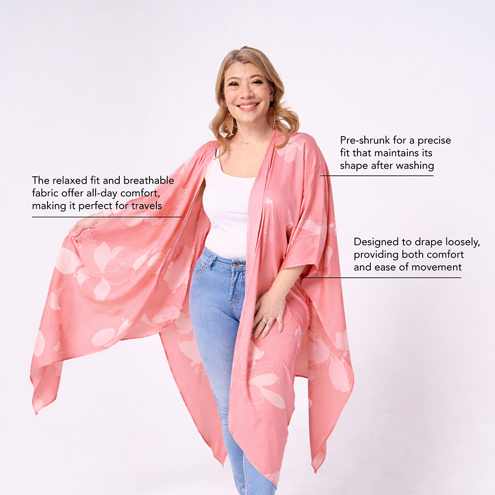 Woman wearing a pink floral kimono with text on a white background