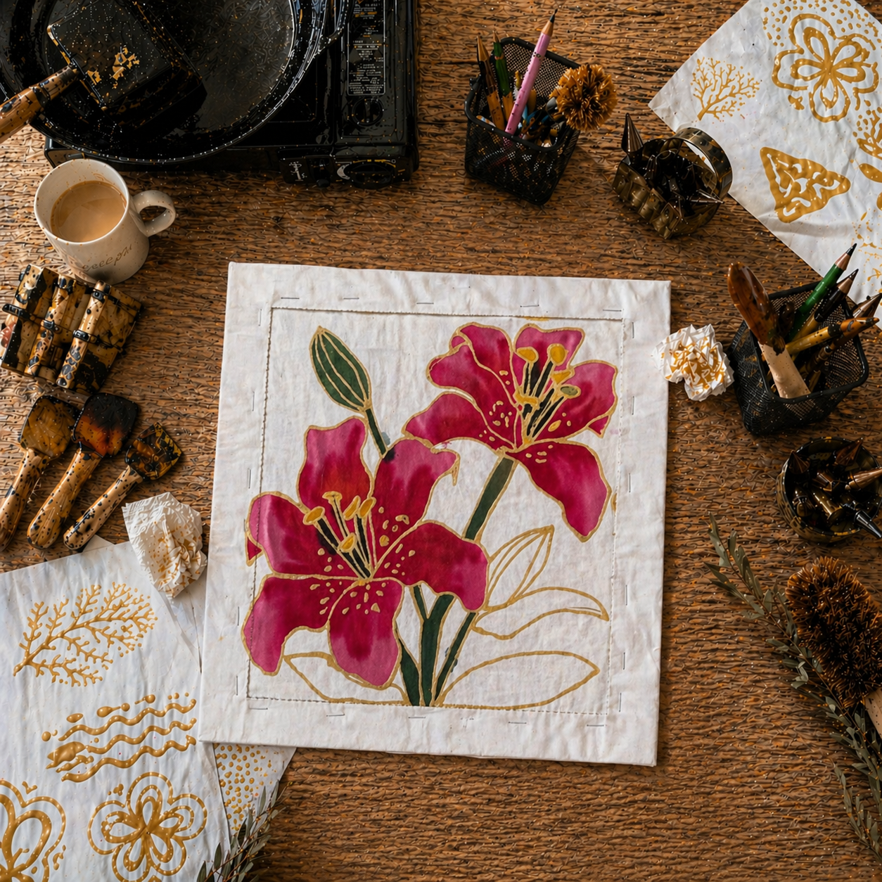 Floral embroidery on a wooden table with art supplies