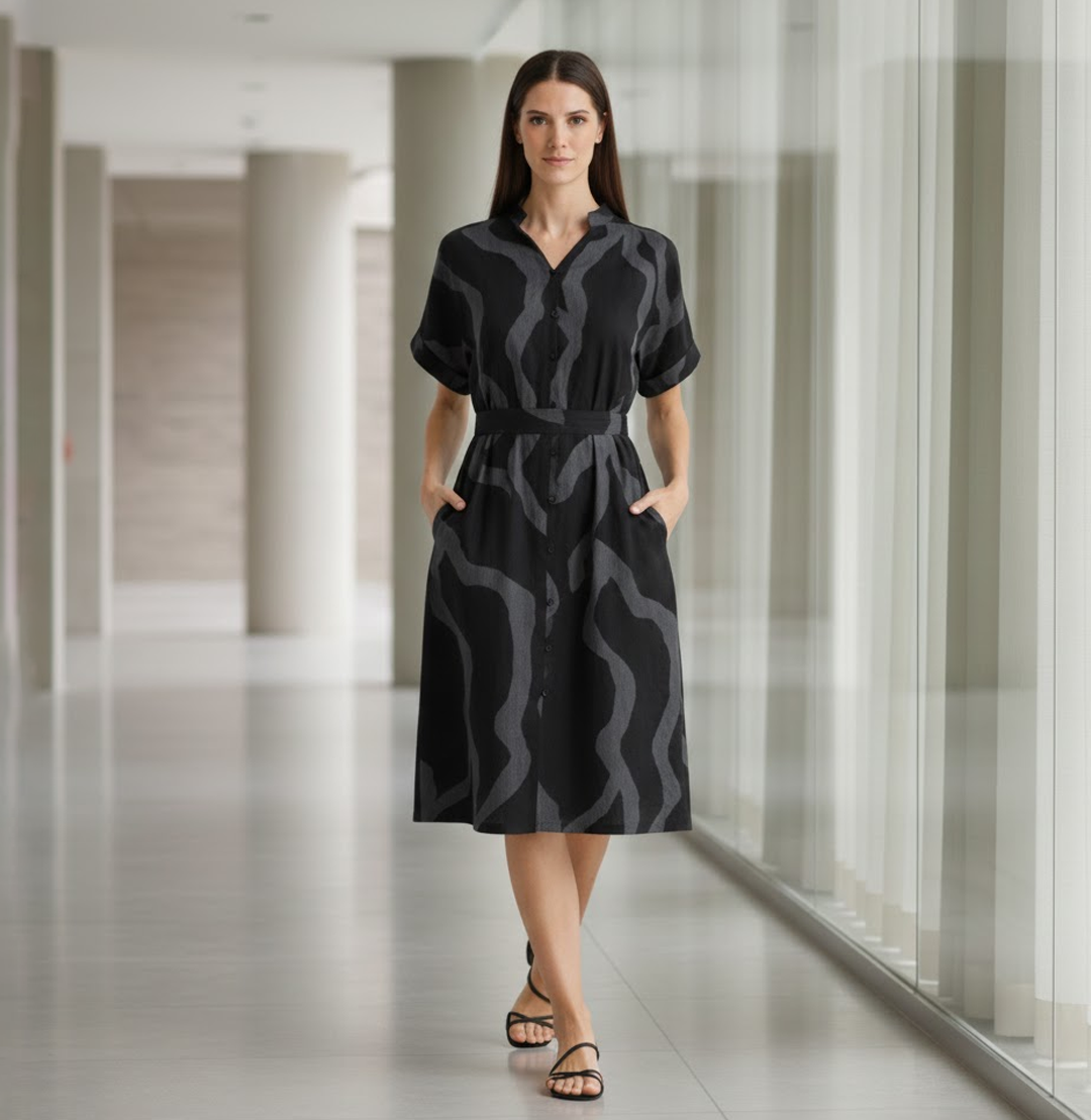 Woman wearing a black patterned dress standing in a modern indoor setting.