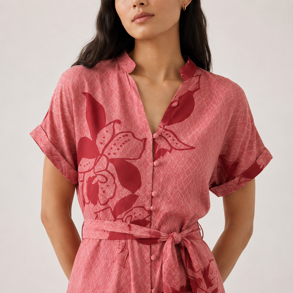 Woman wearing a batik pink dress with red floral patterns on a plain background