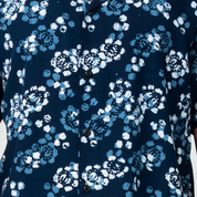 Navy blue shirt with white and light blue floral pattern