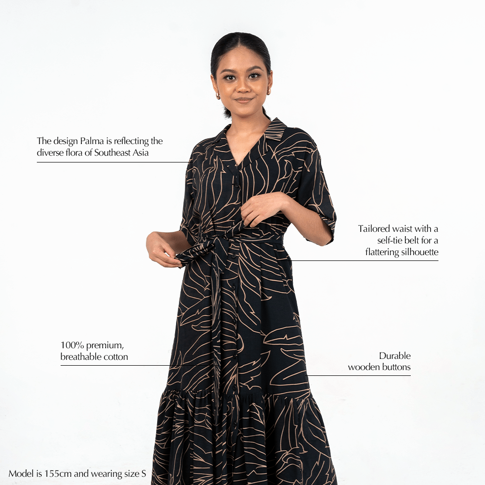 Batik Boutique Onyx Palma Button-Up Dress featuring premium breathable cotton, tailored waist with self-tie belt, and durable wooden buttons