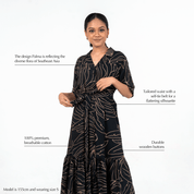 Batik Boutique Onyx Palma Button-Up Dress featuring premium breathable cotton, tailored waist with self-tie belt, and durable wooden buttons