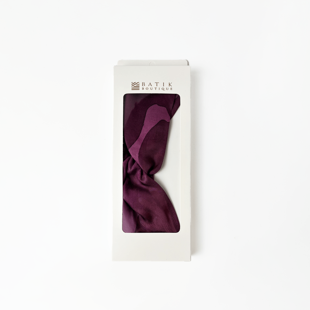 Plum Rimba Batik Headband in Batik Boutique packaging – artisan made gift