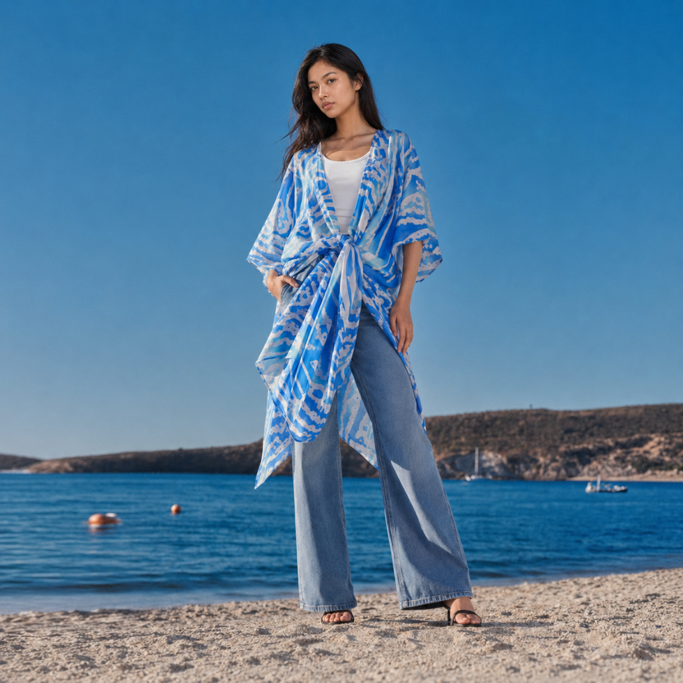 Woman wearing a blue and white patterned kimono standing on a beach with clear blue water and sky.