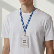Batik Lanyard in Midnight Arabesque shown being worn by a model in a lifestyle photo