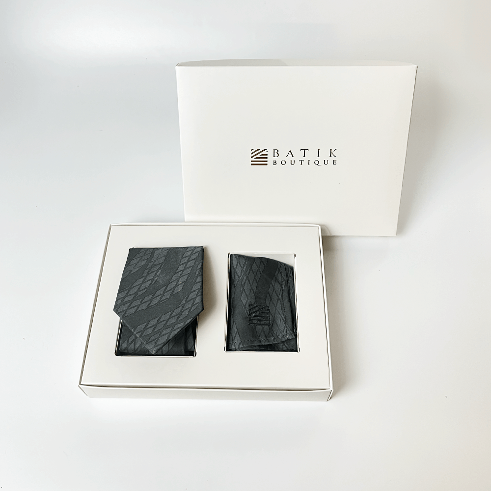 Batik Neck Tie & Pocket Square (Silk Cotton) - Grey Snakeskin - Batik Boutique