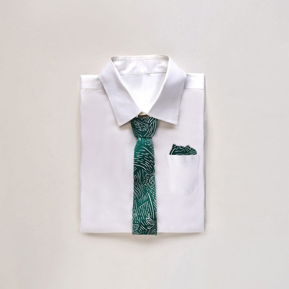 Batik Neck Tie & Pocket Square (Silk Cotton) - Teal Driftwood - Batik Boutique