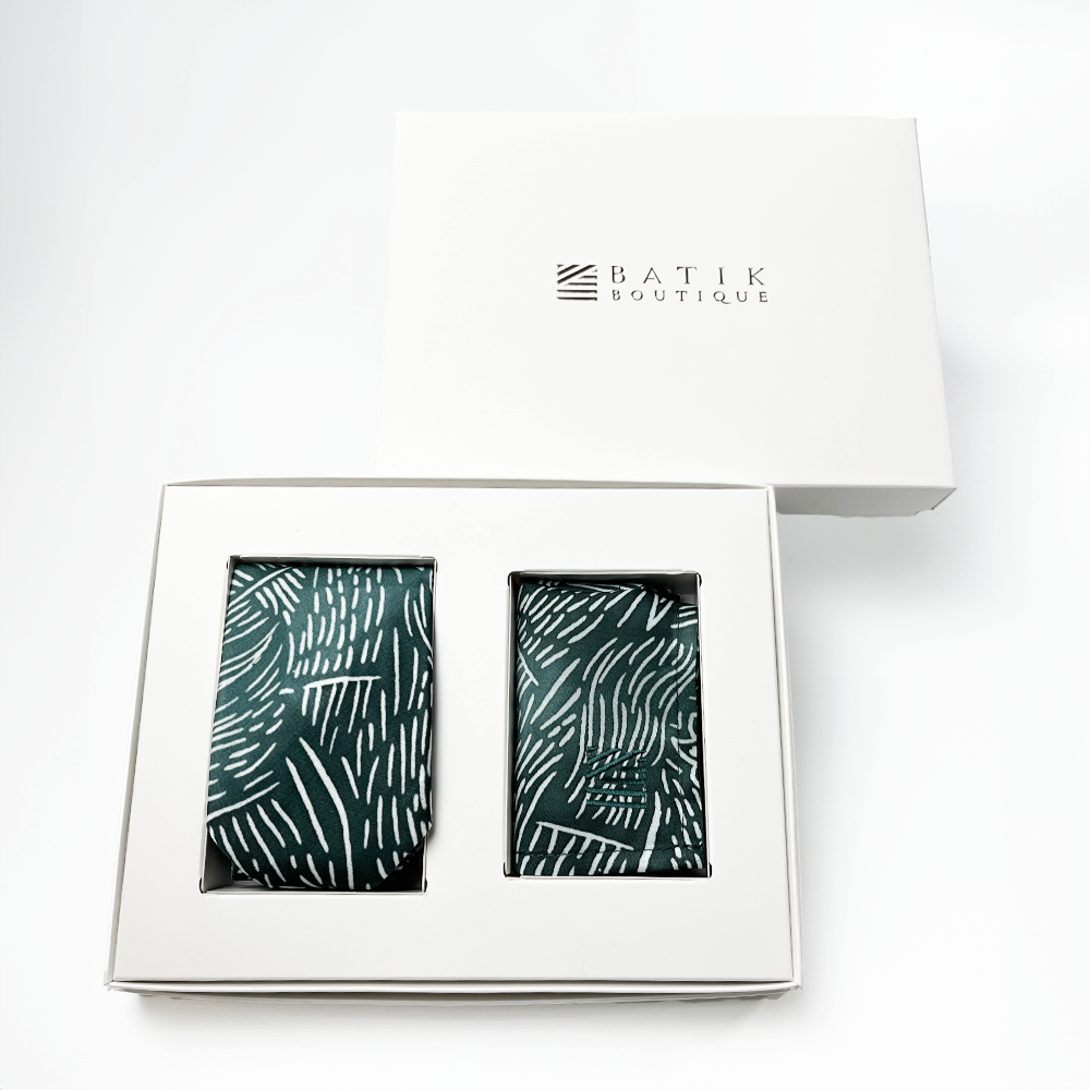 Batik Neck Tie & Pocket Square (Silk Cotton) - Teal Driftwood - Batik Boutique
