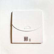 White envelope with a QR code and logo on a white background
