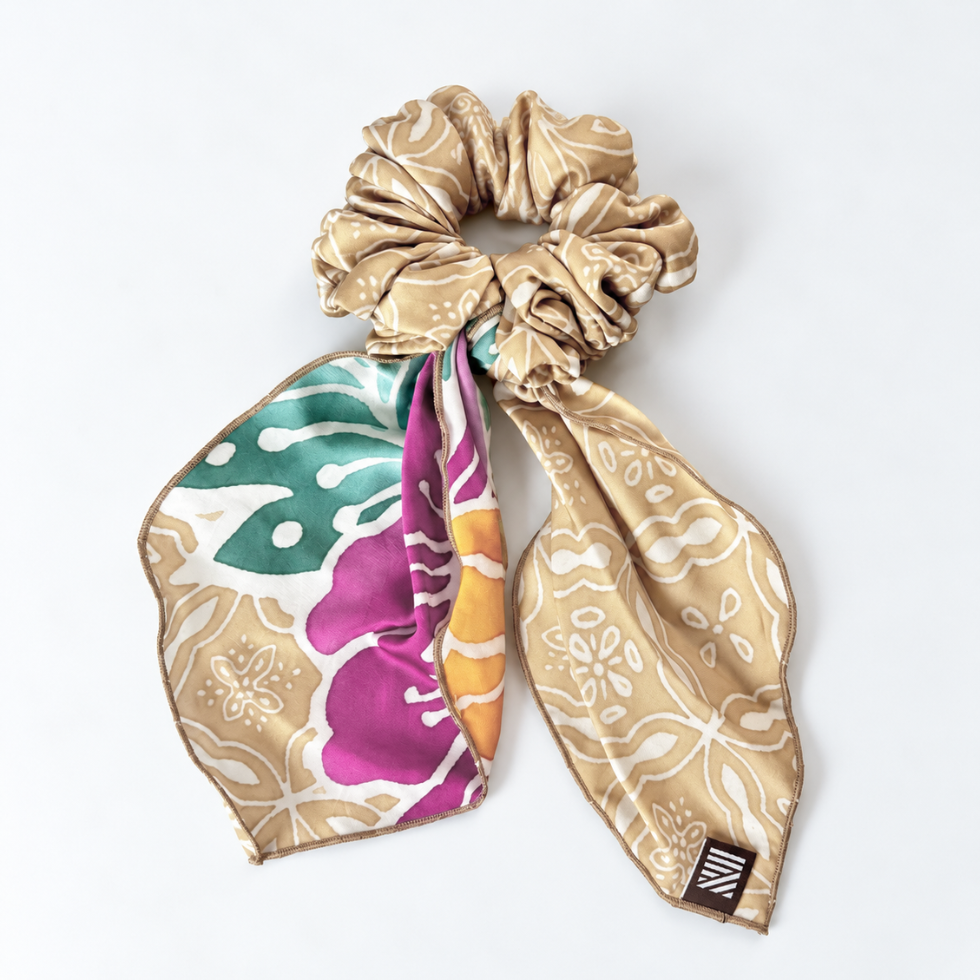 Flatlay of cream colored batik scrunchy 