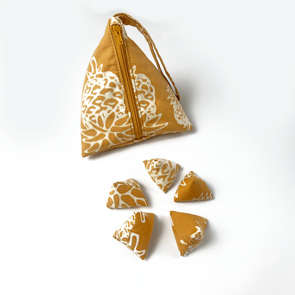 Triangle-shaped pouch with a floral pattern and four matching triangular bags on a white background