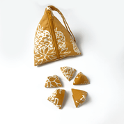Triangle-shaped pouch with a floral pattern and four matching triangular bags on a white background