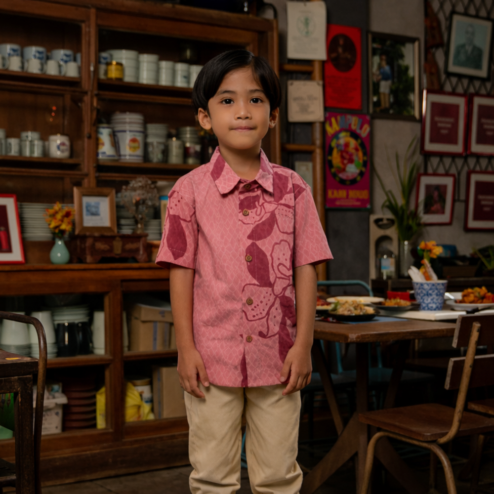 Child wearing a pink floral shirt standing in a room with wooden furniture and decor.