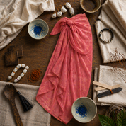 Pink fabric on a wooden surface with various items including bowls and tools.