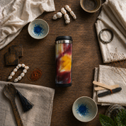 Colorful tumbler on a wooden table with various items including bowls and a spoon.