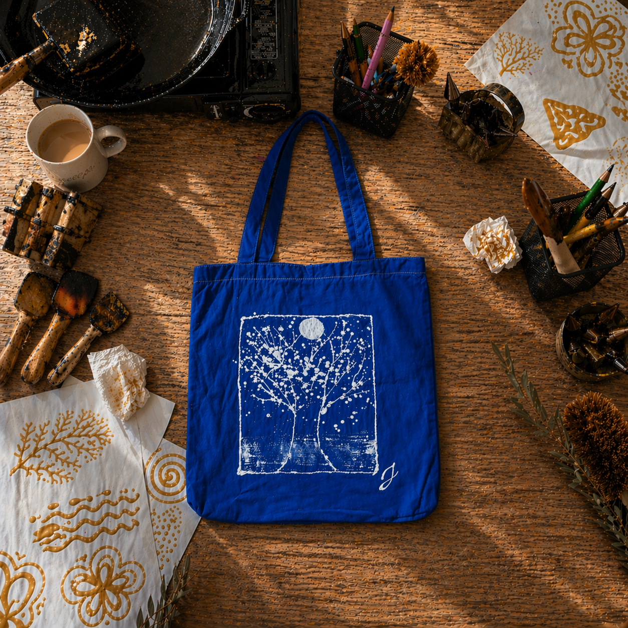 Blue tote bag with white design on a wooden surface with decorative items.