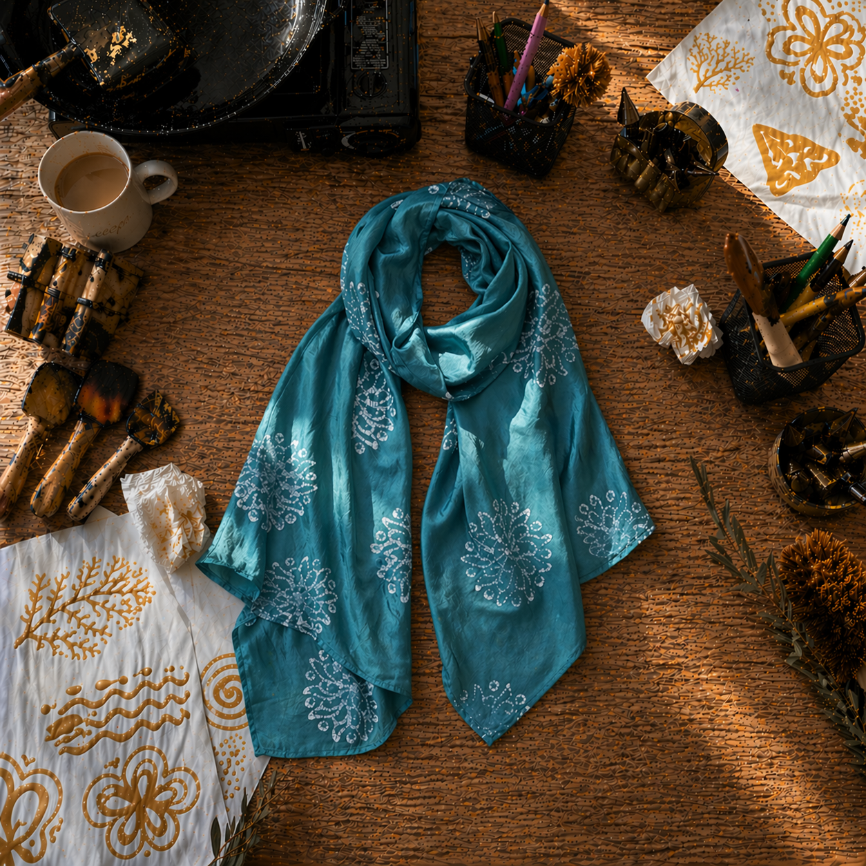 Blue patterned scarf on a wooden surface with decorative items