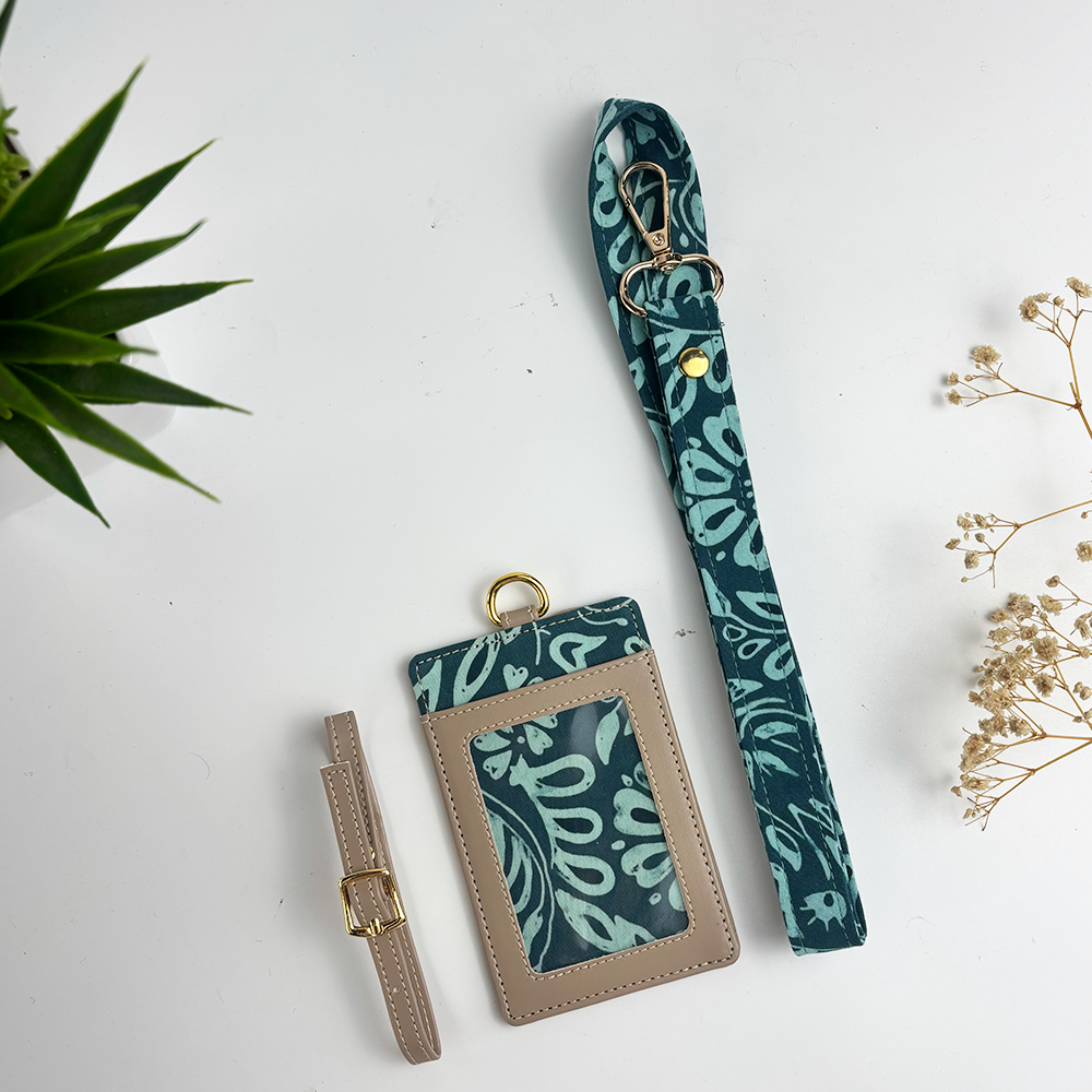 Lanyard with patterned card holder on a white background