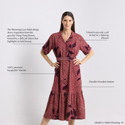 women wearing the copper button up dress showing of the unique values of the product in a text description photo