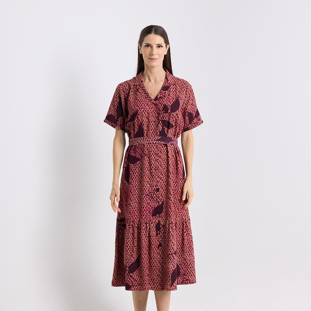 Front view of the copper blooming lace button up dress 