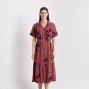 Front view of the copper blooming lace button up dress 