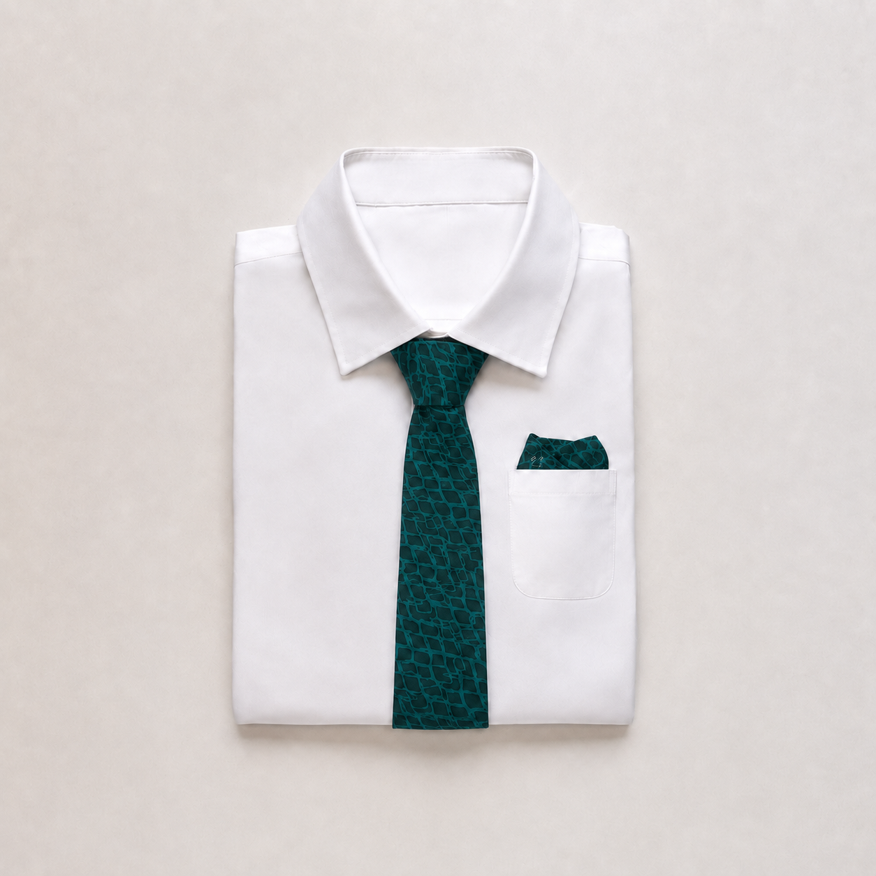 A folded white dress shirt with a dark green patterned necktie and matching pocket square, arranged on a light beige background.