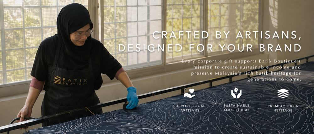 Woman working with batik fabric in a workshop, with text about supporting artisans and brand values.