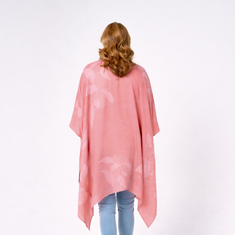 Person wearing a pink floral kimono-style garment on a white background