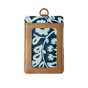 Card holder with blue floral pattern and brown border on a white background