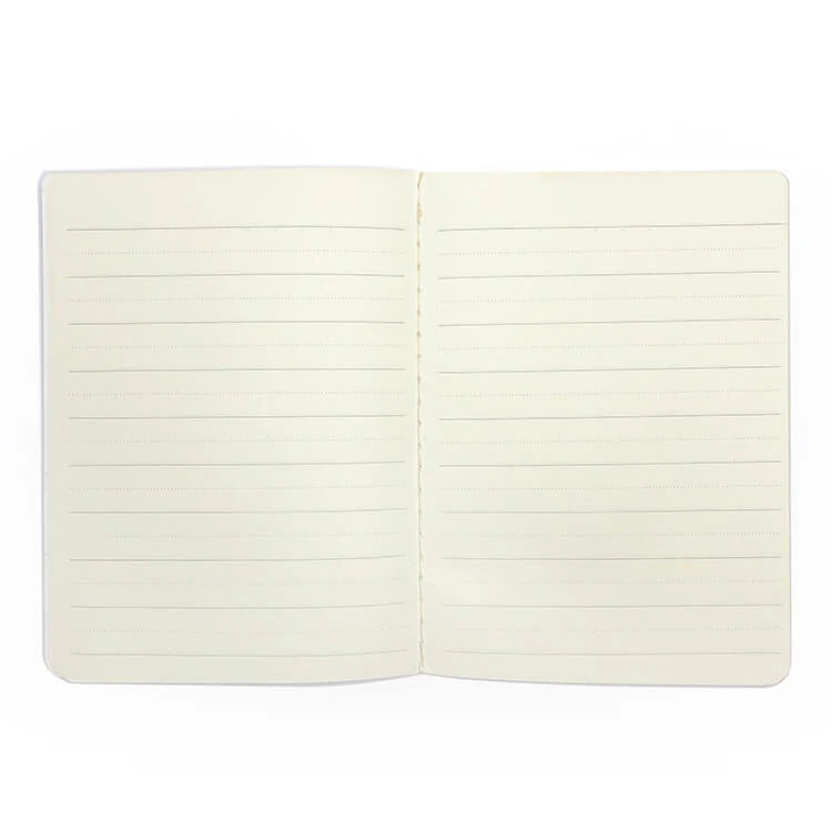 Open notebook with lined pages on a white background