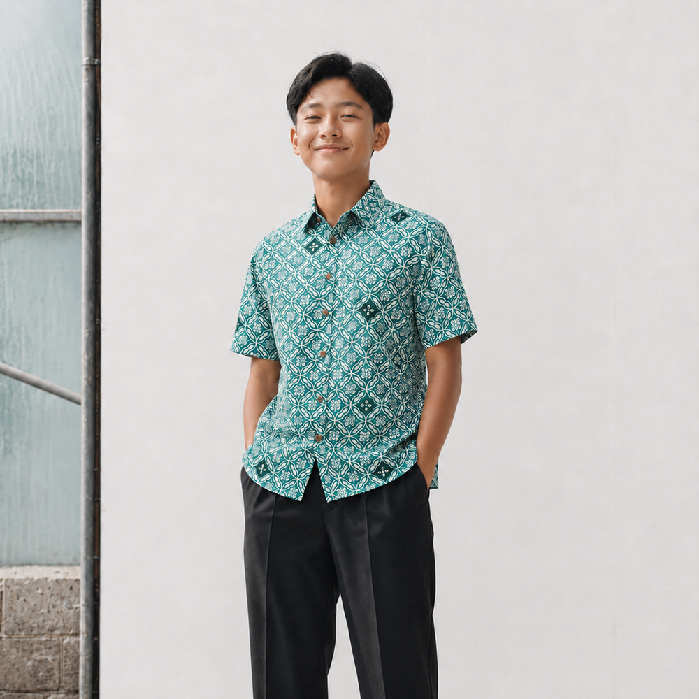 Person wearing a green patterned shirt standing against a light gray wall.