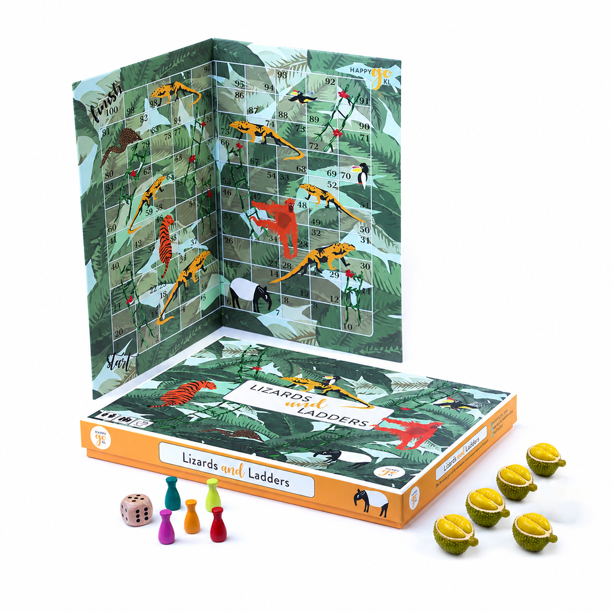 Board game packaging with colorful dice and game pieces on a white background