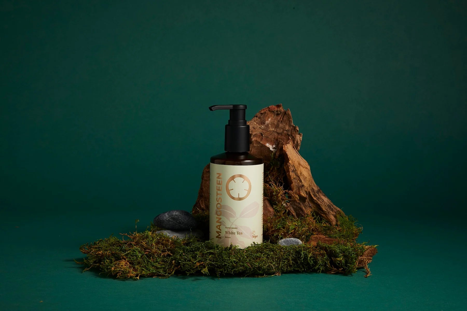 Skincare bottle with pump on a green background