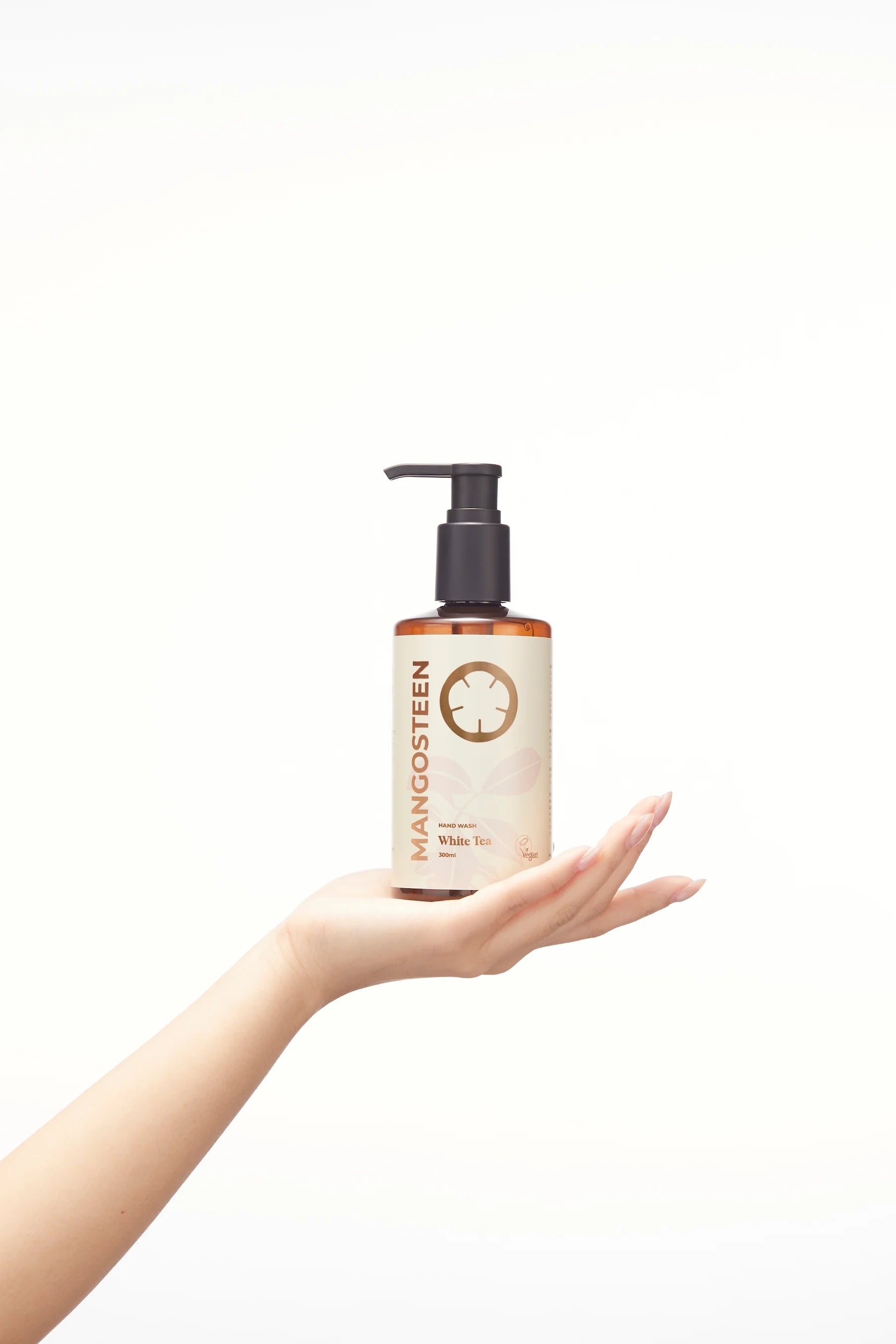 Hand holding a bottle of Manoosteen skincare product on a white background