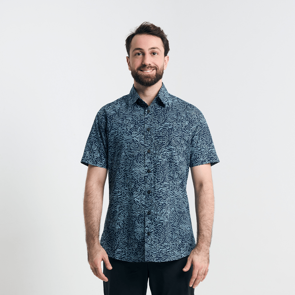 Full-body studio shot highlighting the modern fit and breathable cotton fabric