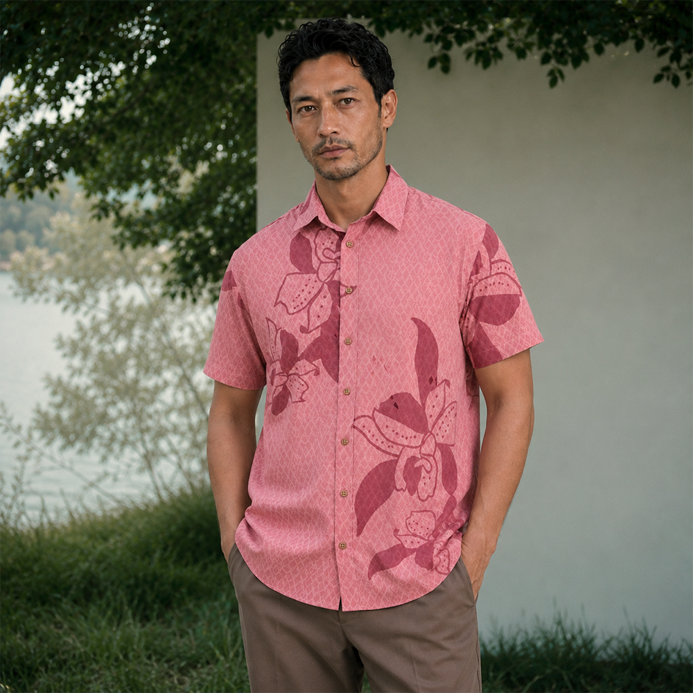 A man wearing a pink short-sleeve button-up shirt with a dark red floral pattern, paired with brown pants, standing outdoors in front of a light-colored wall and green foliage.