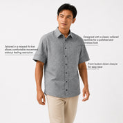 Man wearing a gray patterned shirt with text describing its features on a white background