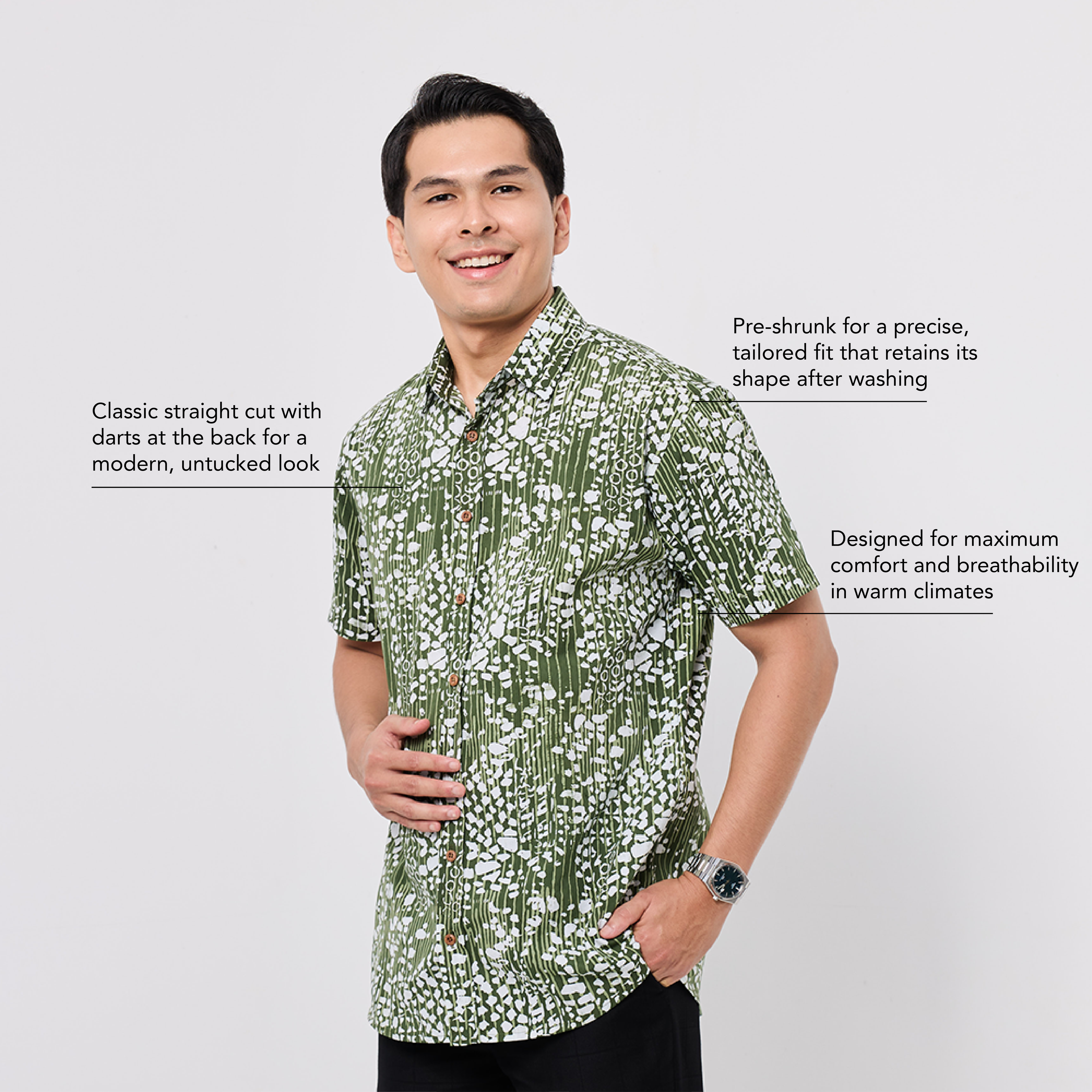 Man wearing a green patterned shirt on a white background