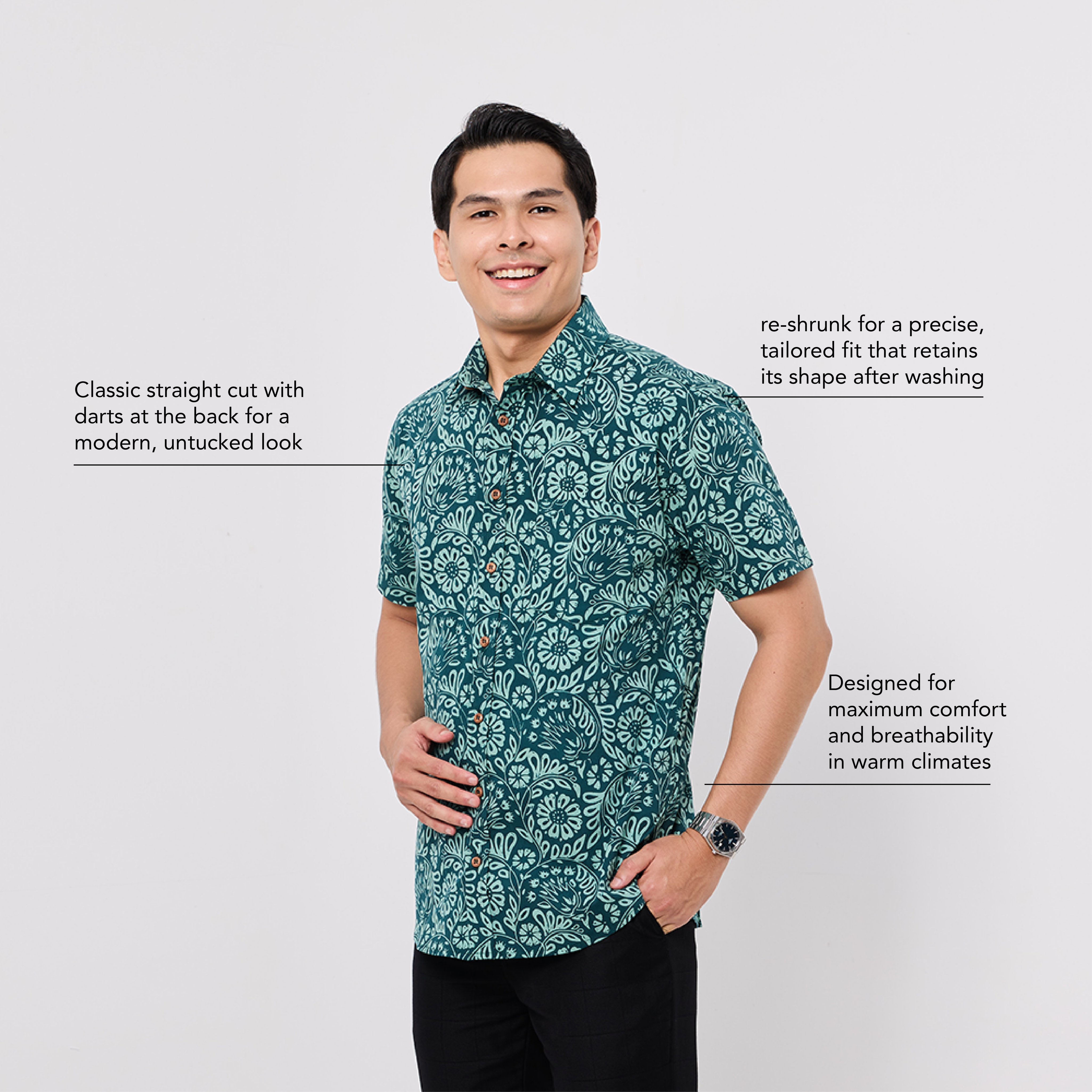 Man wearing a green patterned Batik shirt on a white background