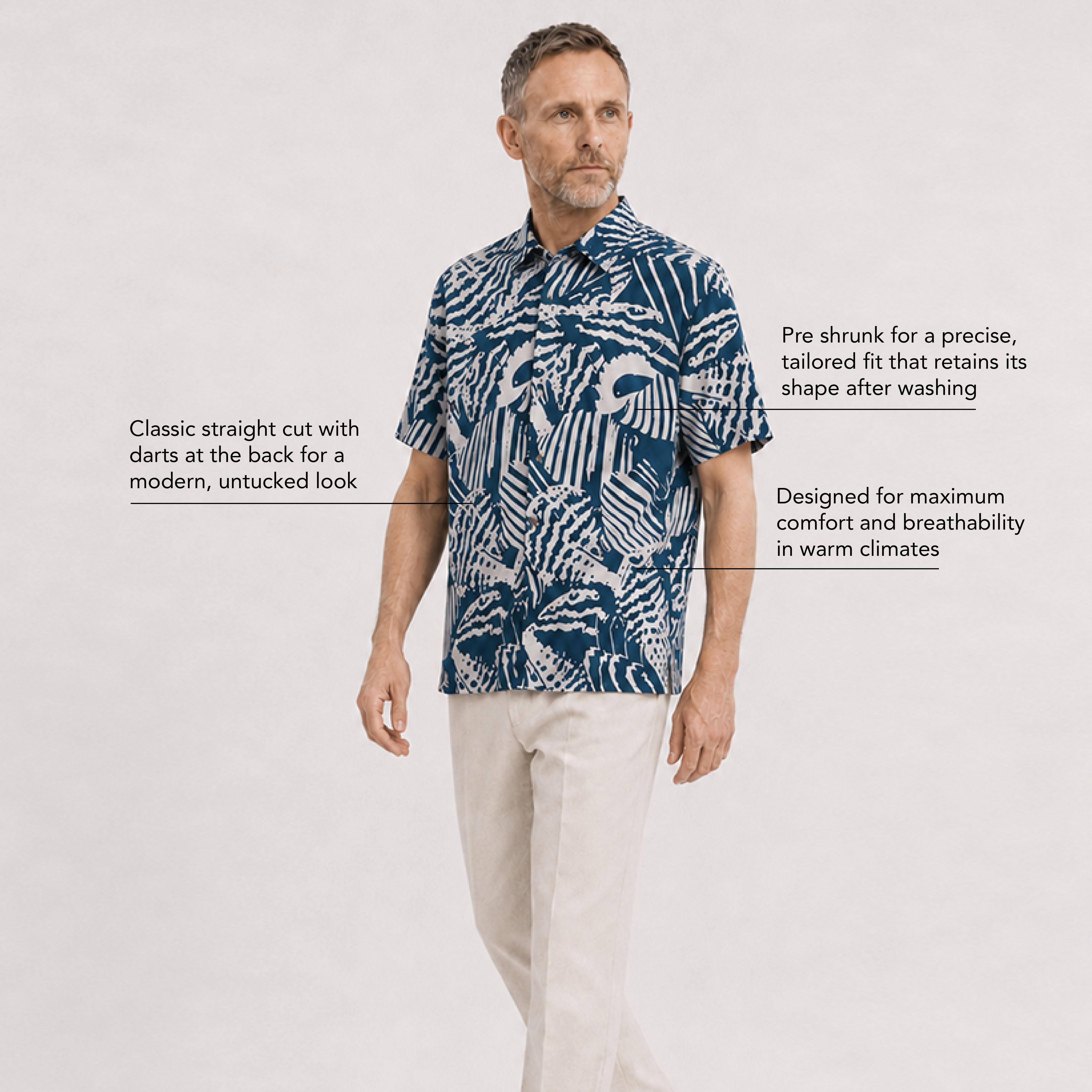 A man wearing a blue button-up shirt with a blue shell pattern, on a white background with shirt details.