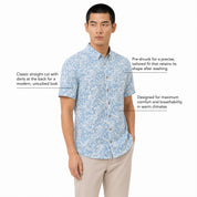 Man wearing a blue patterned shirt with text describing shirt features on a white background
