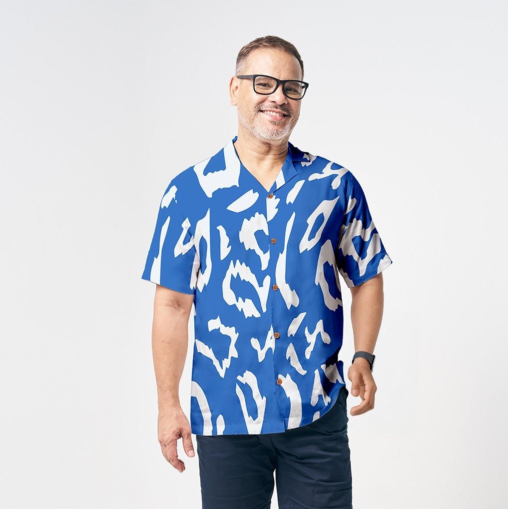 front view of the blue rimba batik shirt 